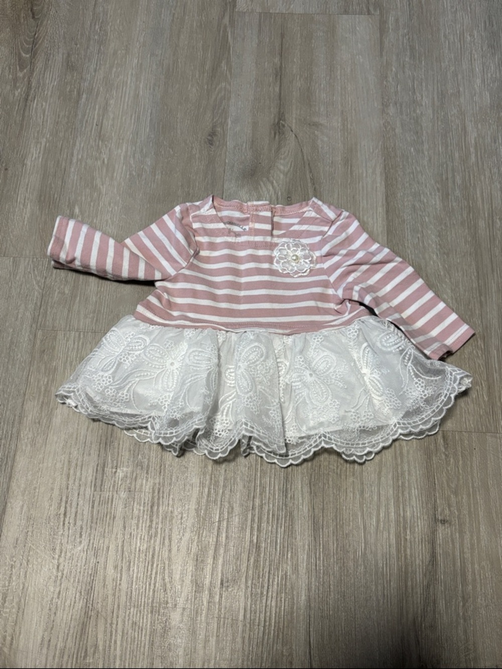 Pastourelle Pink‎ and White Striped Lace Hem Dress